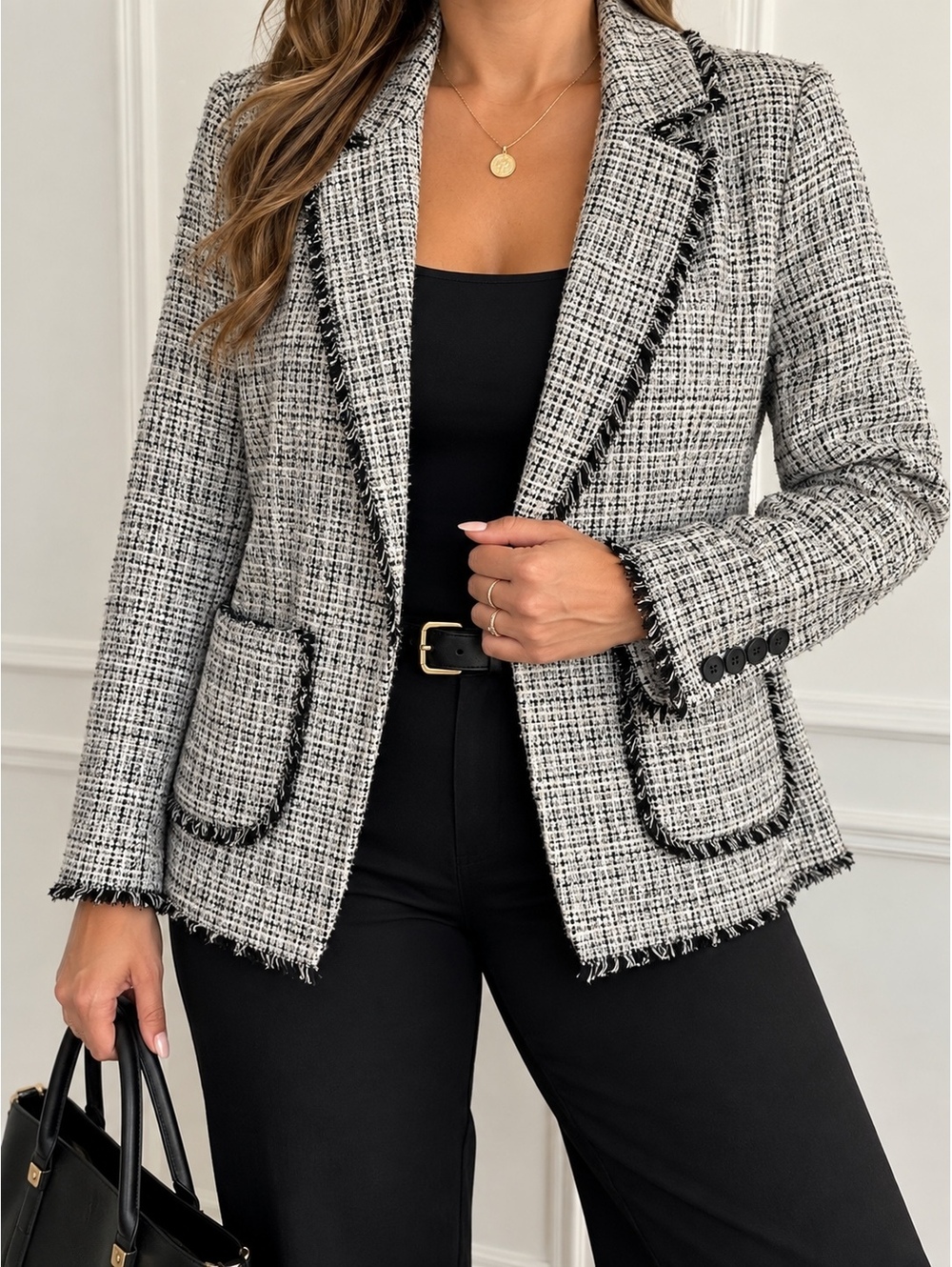 Lane Bryant NWT Size 16 Black White Tweed Blazer Fringe Trim Jacket